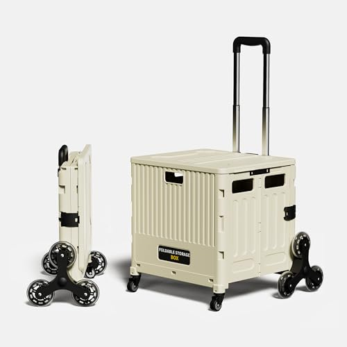 Carrello pieghevole resistente con ruote per salire le scale, manico telescopico, dimensioni extra large, pieghevole per una facile conservazione, soluzioni di trasporto per bagagliaio, colore crema