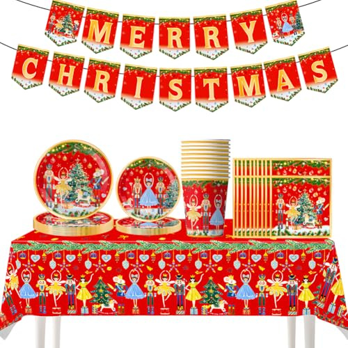Vaisselle de Fête de Casse-Noisette, Décoration de Noël Anniversaire D'enfant, Assiettes, Verres, Nappe, Bannière pour Fête Pour 10 personnes