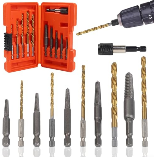 11Pcs Left Hand Drill Bits and Screw Extractor Set with 5 HSS Drill Bits, Alloy Steel Extractors, and Quick Release Tool for Wood, Metal, and Industrial Use
