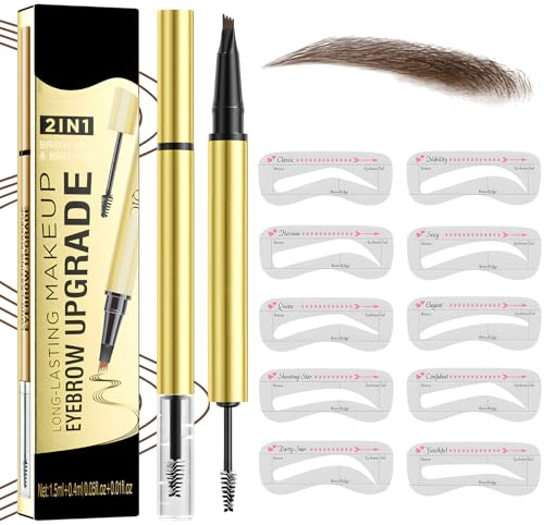 MOTIBACK 2-in-1 Dual-Ended Augenbrauenstift + Augenbrauen-Gel, Wasserfest 3D Microblading Augenbrauenstift mit 20pcs Augenbrauen-Schablonen, Langanhaltend & Schweißresistent für Natürlichen Look (04)