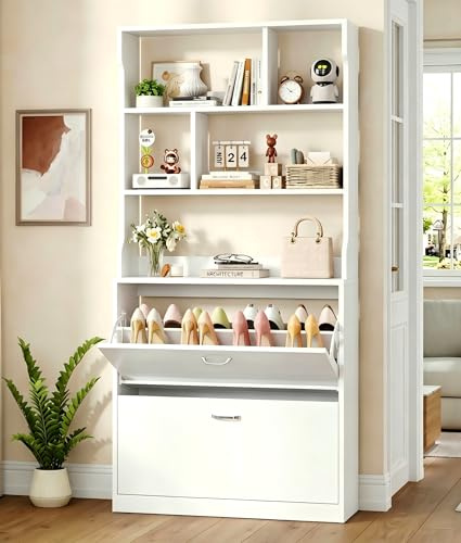 IRONCK Schuhschrank 2 Klappen, Schuhkipper Schmal, Schuhregal offenes Fach | Hohe Schuhaufbewahrung Holz Schuhkommode mit verstellbaren Trennwände für Flur Eingang Wohnzimmer, 24x80x165cm