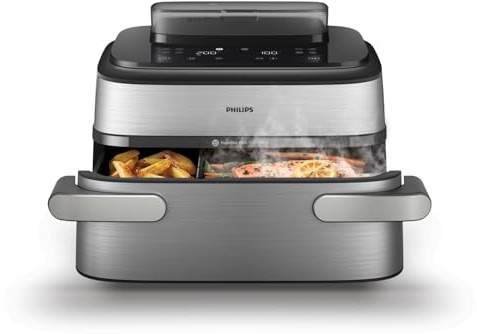 Philips Steam Airfryer 5000 Series Megabasket - Heißluftfritteuse mit Dampf-Funktion - Steam, Airfry, SteamFry, 9.5L Megabasket oder 3L + 6L Dual Basket, Korbtrenner, Dampfreinigung (NA565/02)