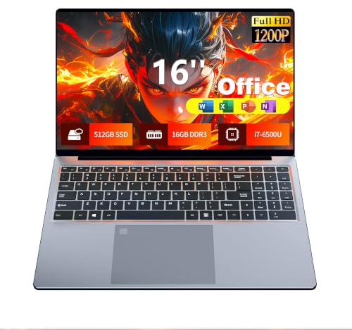 Ordenador Portátil 16 FHD IPS con procesador Core i7-6500U, 16GB RAM 512GB SSD, PC Portátil Win 11 con teclado retroiluminado y reconocimiento de huellas, Laptop Wi-FI5, BT5.0, USB3.0, HDMI, 5000mAh