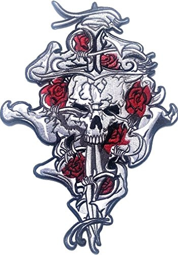 Skull-Aufnäher-Kreuz-Patches-Applikation-Stickerei-groß für Jeans-Jacke-n Kleidung Aufbügler zum aufbügeln  29 x 19 cm “