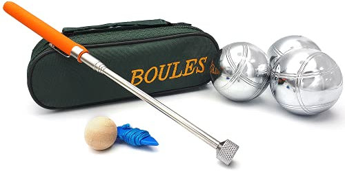 EUROXANTY Boules | 3 Bocciakugeln aus chromiertem Stahl | Pétanque-Set mit Etui und Kugelaufsammler | metallisches Boule-Spiel