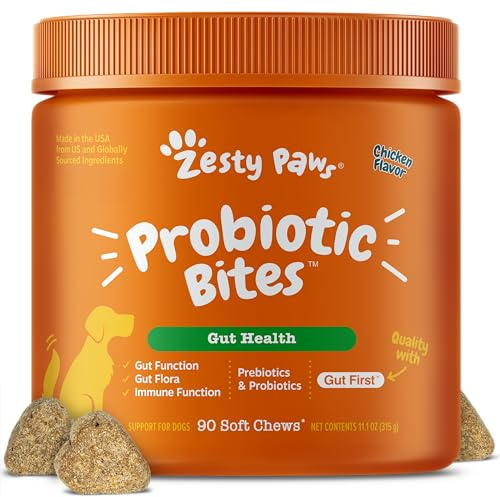 Zesty Paws Probiotics for Dogs, Digestive Enzymes Gut Flora, Digestive Health, Diarrhea & Bowel Support, DE111, Dog Probiotics Soft Chew for Pet Immune System, Chicken, 90 Ct