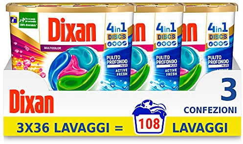 Dixan Discs Multicolor Detergente Lavadora Prefosato en cápsulas para prendas de colores 4 en 1-3 x 36 lavados (108 lavados)