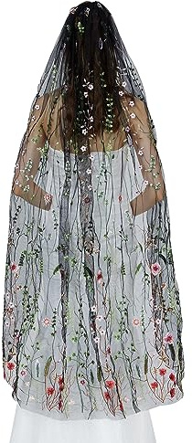 BEAUTELICATE Brautschleier Tüll Schleier mit Blumen Stickerei Böhmischer Schal für Braut Hochzeit Karneval Schwarz Weiß mit Metall Kamm 1 Schicht Walzerlänge Fingerspitzen Länge
