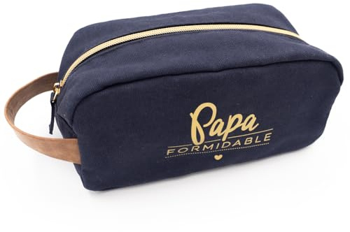 Manahia - Trousse de Toilette Papa Formidable - Accessoires de Toilette & Trousse de Rasage Grand Capacité pour Voyage en Toile de Coton Bleu - Cadeau Original Homme - Fête des Pères