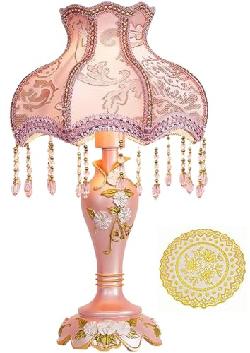 LOVAPO Traditional Princess Pink Table Lamps European Resin Fabric Shade Desk lamp Wide Reading Light for Living Room Bedroom Children's Room Hoom Switch Button E26 Indoor Lighting