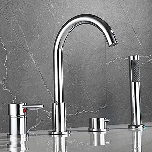 4-Loch Wannenrandarmatur Wannenkombination Wannenarmatur Kalt und Kalt Multifunktions Wasserhahn Badewanne Armatur Badewannenarmatur mit Ausziehbarem Handbrause-Chrom