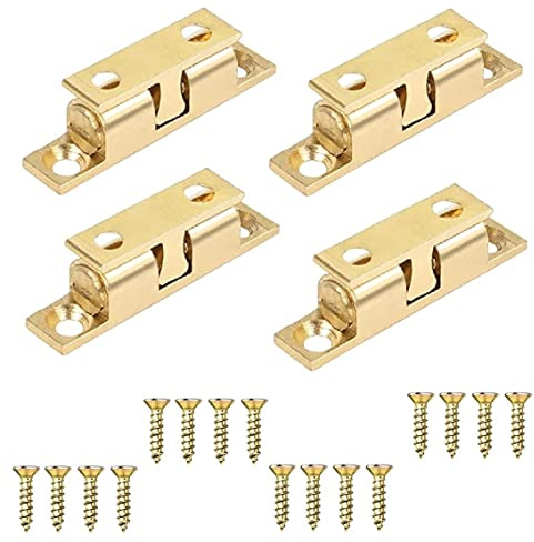 TERF® Heavy Duty Polished Brass Double Ball Catch 42mm Tension Catch Latch Furniture Lock With Fixing Screw for Cabinet Kitchen Bathroom Cupboards Wardrobes Drawer - Pack of 4