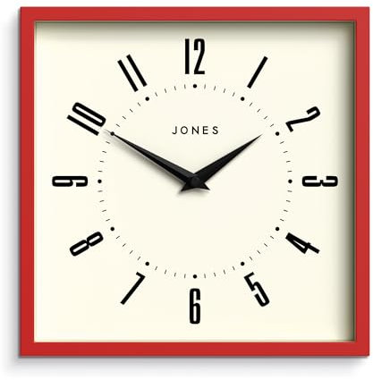 JONES CLOCKS® Box wanduhr | Retro quadratisch | 25cm | Rot | Leicht lesbare Zahlen | Perfekte küchen oder bürouhr