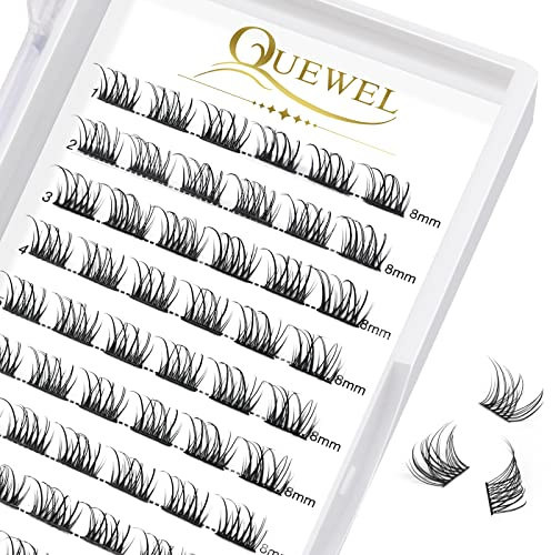 Wimpern Einzeln QUEWEL Cluster Lashes Natürlich D Curl 8mm Segmente Breit Fundament Individuelle Eyelashes für Augen Make-up DIY Wimpernverlängerung(Natürlich-D-8mm)