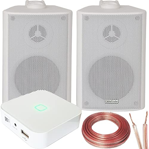 Loops 80W Speaker System - Compact WiFi Stereo Mini Amplifier - 2x 60W 3 White Wall Mounted/Bookshelf Speaker Kit - App Controlled Wireless Music Streaming Amp