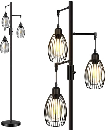 HiBay Lampada da Terra LED Nero Dimmerabile 3 Luci,Piantane da terra Vintage con 3x8W 800LM E27 Lampadina,Floor lamp Stile Meteor Hammer Moderna per Soggiorno, Camera da Letto, Ufficio