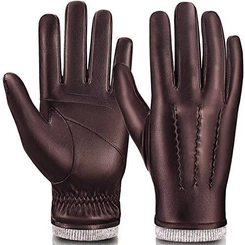 MAGILINK Mens Leather Gloves Touchscreen Texting, Winter Gloves Men Cold Weather with Warm Thermal Wool Fleece Lined, Driving Gloves Men Anti-slip Motorcycle Cycling(Brown-XXL)