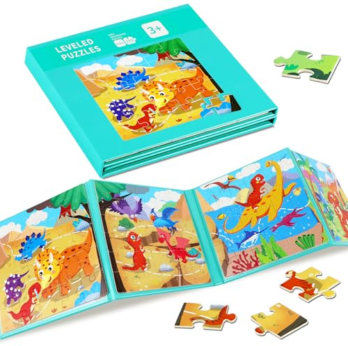 Magnetische Puzzles für Kinder,133 Stücke 4-in-1 Dinosaurier Holz Puzzle Buch, pädagogisches Spielzeug für Kinder 3-8 Jahre alt