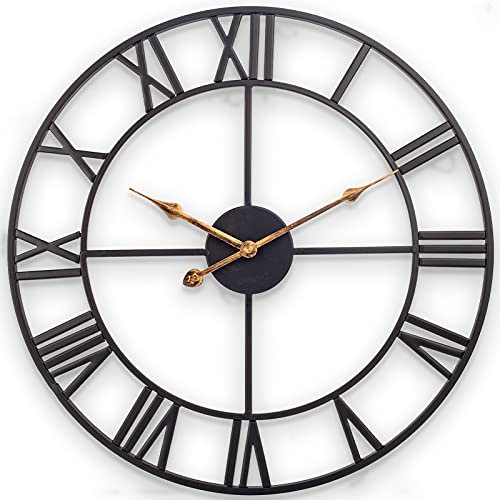 Wanduhr Große, Europäische Industrie Vintage Wanduhr mit Römische Ziffern, Lautlos Ohne Tickgeräusche Metall Wanduhr, Dekor Wanduhr für Wohnzimmer, Küche, Schlafzimmer - 35cm, Schwarz