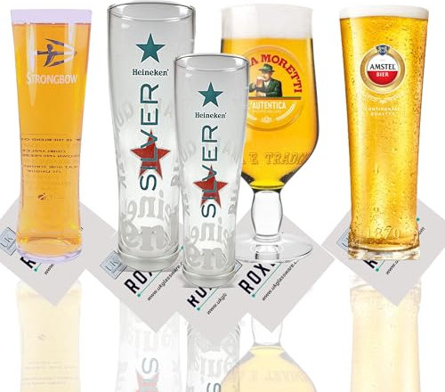 Roxley Pint Glasses Set Amstel Moretti Strongbow Heineken Blade Set Lager Beer Pint Glass Set x5 Man Cave Made in UK