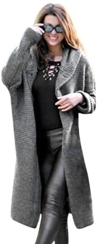 Onsoyours Femme Long Cardigan en Tricot Veste Ouvert Épais Manches Longues Pull Gilet Chaud Casual Capuche Manteau Sweater Outwear Automne Hiver, Gris, M