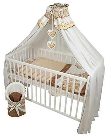 Bello24 - 12 pièces lit bébé lit d'enfant et literie Set Complet Happy réglable en Hauteur pour Nouveau-né bébé et Petit Enfant en Bois Massif (Beige - Oursons en Peluche)