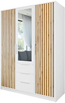 Mirjan24 Drehtürenschrank Bado Lux 3D, Kleiderschrank mit 3 Schubladen und Spiegel, Elegantes Schlafzimmer Schrank mit Spiegeltüren, Jugendzimmer (Weiß/Weiß + Eiche Wotan)