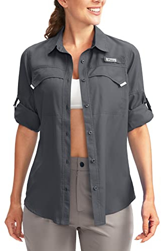 Pudolla Women's UPF 50+ UV Sun Protection Shirts Long Sleeve Fishing Hiking Shirt Cool Lightweight Travel Safari Shirts Dark Grey M