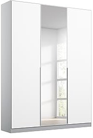 Rauch Möbel Alabama, Kleiderschrank für Schlafzimmer, Kinderzimmer, Wohnzimmer, Garderobe, Flur, 3-türig, Spiegel, mit Zubehör Basic, Farbe Weiß/Seidengrau, Breite 136 cm