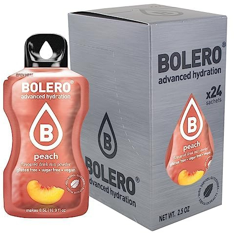 Bolero Melocotón | 24x3g I Erfrischendes Zuckerfreies Getränkepulver mit Stevia gesüßt | Vitamina C | für Diabetiker geeignet | eine Mischung aus exotischen Fruchtaromen