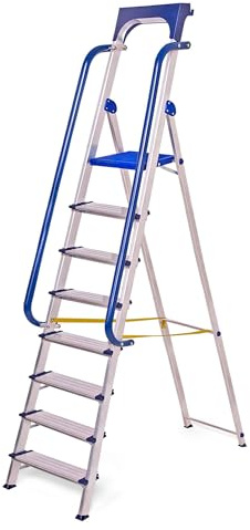 HOSTRÖM Escalera de Tijera de 8 peldaños Secure Pro, Aluminio Reforzado, Segura con barandillas, Bandeja portaherramientas, Altura de Plataforma 182 cm, garantía de 5 años
