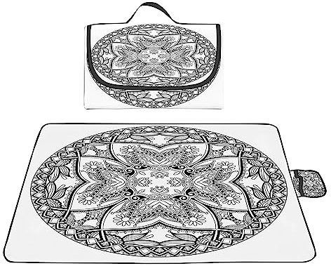 Picknickdecke 200x300cm,XXL Picknickdecke mit Wasserdichter Unterseite,Outdoor Stranddecke Sandfrei,mit Tragegriff Faltbare Picnic Blanket für Camping,Strand,Park,Familie,Konzerte Mandala Schwarz Weiß