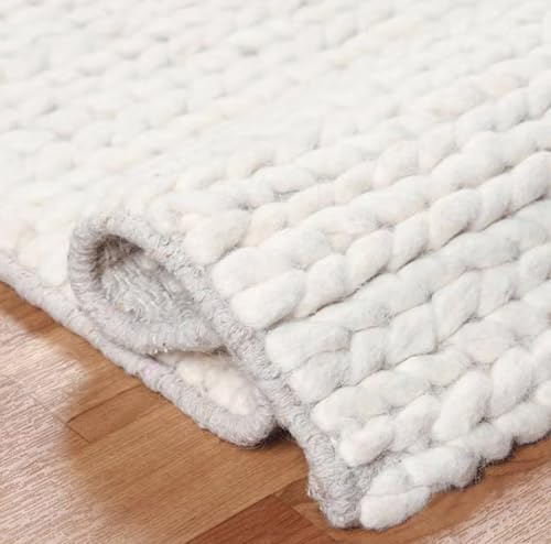 FRELISH DECOR Wool Cotton Area Rug for Living Room and Bedroom, 9'x12' Handwoven Braided Chunky Knit Cable Rugs, Farmhouse Contemporary Area Rug: Wool Ivory Premium