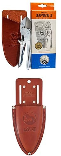 Original LÖWE 1 Set bestehend aus 100 Jahre Jubiläumsedition - Profi Gartenschere Amboss Schere 1.102 & Leder Premium Holster 9809 mit Gürtel-Clip zur Aufbewahrung am Gürtel oder Hosentasche