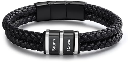 ALBERTBAND Personalisiertes Leder Armband mit Namen für Herren Edelstahl Schwarz Silber Armband Geschenk für Papa Vatertag Ehemann Valentinstag Opa Weihnachten