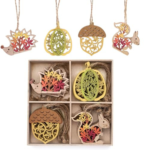 Valery Madelyn 24er Herbstdeko Holz Anhänger Ausgehöhlte,Igel mit Schnur | Herbst deko zum aufhängen,Deko Hängend Kürbis für Herbst Baum Fenster,Geschenk für Erntedankfest Thanksgiving,3D-Effekt,5cm