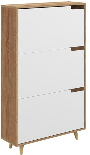 HOMCOM Skoskåp med 3 klaffar, skoskåp, med justerbar hylla, 72 L x 24 l x 119 cm, naturlig och vit