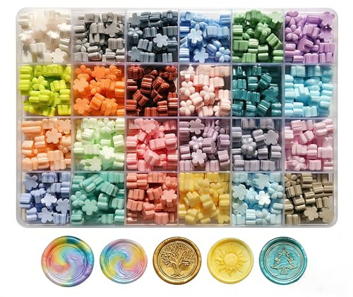 TIGERRDU 600 Pcs Wax Sealing Beads, Stamp Sealing Wax Beads with Box, 24 Colors Five Leaf Clover Waxs Seal Stamp Kit, Seal Bead Bulk for Sealing Invitations, Christmas Greeting Card, Weddings