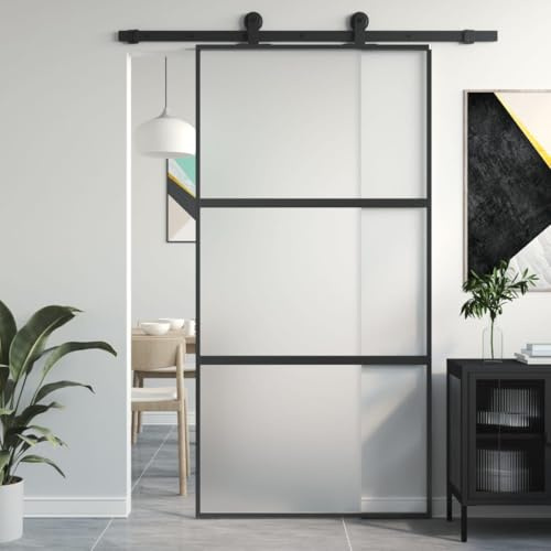 Gecheer Porta Scorrevole Nera in Vetro Temperato e Alluminio - 102,5x205 cm, Set per Interno A155200