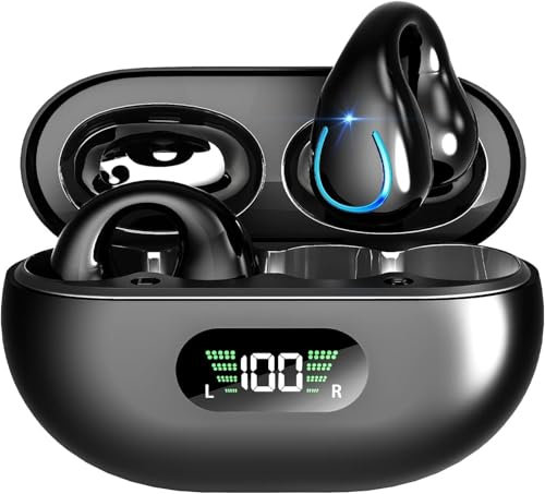 Bone Conduction Headphones Wireless Earbuds - Comfort Open Ear Headphone, Clip On Bluetooth 5.3 Ear Buds, Built-in Microphone HIFI Sound Running Earphones with LED Display Charging Case