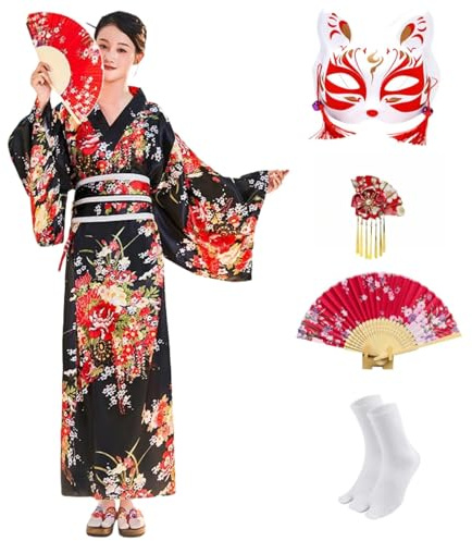 CRFASIBE 5 Pezzi Kimono Donna Giapponese, Tradizionale Vestito Geisha Yukata Abito, Set di Costumi Cosplay con Accessori Ventaglio Pieghevole, Maschera, Calze e Spilla per Capelli(Nero)