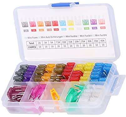 Flachsicherung, 150-teiliges -Autosicherungs-Sortimentsset mit 2 A, 3 A, 5 A, 7,5 A, 10 A, 15 A, 20 A, 25 A, 30 A, 35 A, 40 A für Autos, Boote, Motorräder, LKWs, SUVs,