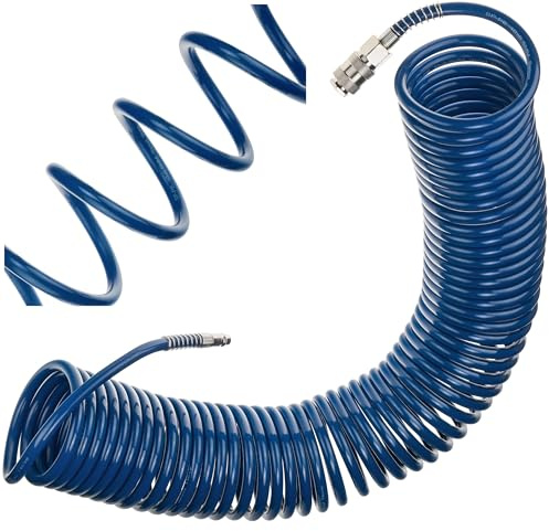 STIX PE Druckluft Spiralschlauch 6,5/10 mm 15 m mit Schnellkupplung 10 bar | PE Schlauch, Knickschutz, Max. 10 bar, Für Garage und Werkstatt
