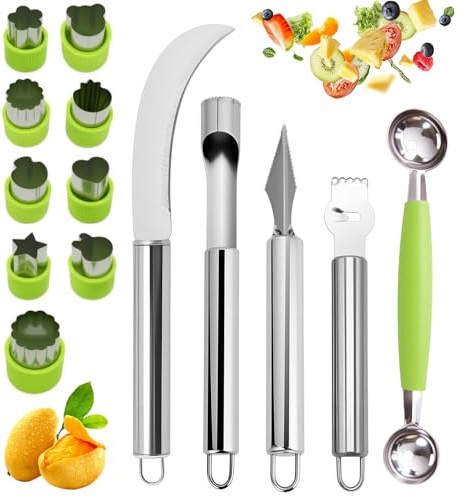 14 Stück Obst-Schnitzwerkzeug-Set, Edelstahl-Melonenausstecher-Set, Frucht-Schneideformen, Cantaloupe-Schneidewerkzeug, Piranha-Spiralschneider und V-Werkzeug für Obst- und Gemüseschnitzereien