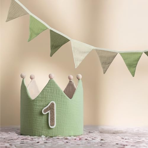 Little Goods Geburtstagskrone inkl. Girlande (Krone und Wimpelkette) für Kinder - wendbare Musselin-Stoffkrone mit Zahlen 0-9 für Jungen, Mädchen in Pastell - Beige und warmen Tönen
