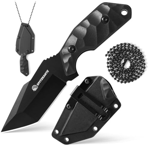 SPITZKANTE Neck Knife X-TAN-K, 7,8 cm Tanto-Klinge aus 5Cr14MoV Stahl, Kleines Feststehendes EDC Outdoor Messer mit ABS Scheide, Kugelkette, Vollschwarz