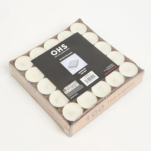 OHS Unscented Tealight Candles Pack of 100, 2 Hour Low Burn Time White Wax Candlelight Perfect for Home Decor Events Weddings Round Aluminium Cups Tea Lights