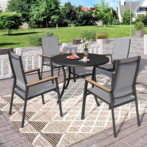 PHI VILLA Gartenmöbel Set Outdoor Balkon Esstisch mit 4 Stühlen und 1 Rund Metall Gartentisch, 5-teiliges Gartenset Tisch und Stühle für 4, Wetterfest Patio Dining Table Set für Veranda, Grau