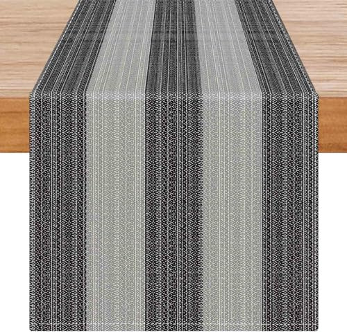 Avalune Chemin de Table Noir Gris Rayures Automne Décoration de Table Moderne Rustique Lavable Aspect Lin Élégamment Nappe de Ferme pour Cuisine Fête Jardin Salle à Manger 40x140 cm