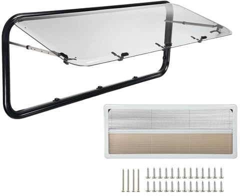 Wohnmobilfenster 1450x550mm Ausstellfenster Wohnwagen Fenster Wohnmobil Fenster RV Externes Push Fenster mit Fliegengitter und Verdunkelung für RV Van Camper Fahrzeuge Sonnenschutz 70°